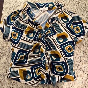 Retro Style Women's Button Down Shirt - Blue and Gold Geometric